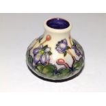 A boxed Moorcroft Hepatica pattern miniature squat vase by Emma Bossons – 1999,  2.25”