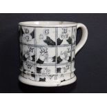 A rare 19thC child's pearlware mug decorated in black transfer with the alphabet in hand sign