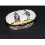 An 18thC oval enamelled snuff box , decorated transfer printed figures and floral painted sprays, 3”