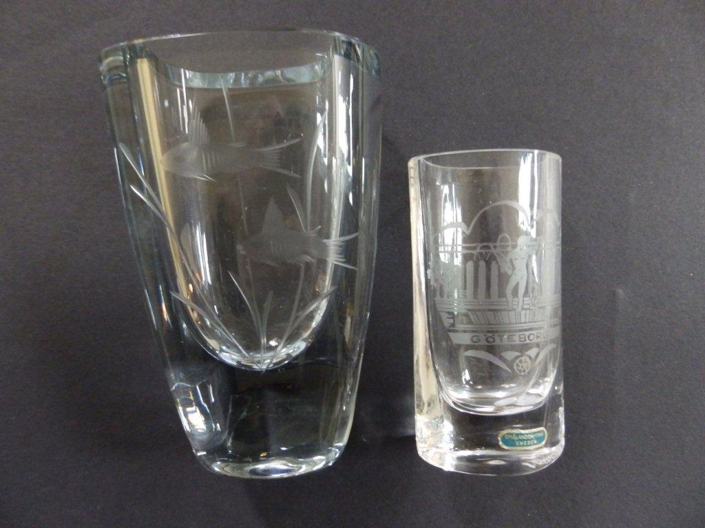 A signed 1960's Swedish glass vase engraved with fish, 5.5” and a smaller etched vase – '