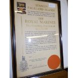 A Falklands Islands Royal Marines 'Freedom of Stanley' certificate
