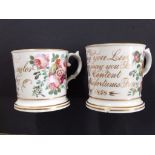 A pair of Victorian floral painted christening mugs – 'Sarah Taylor, Derby 1858', 4” - one footrim