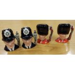 Two pairs of small Royal Doulton character jugs – 'Guardsman' and 'The Bobby' (4)