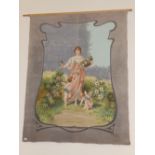 A painted canvas wall hanging – Young girl with cherubs