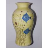 A modern Torquay studio pottery vase by Deirdre – 1997, decorated fish on a yellow ground