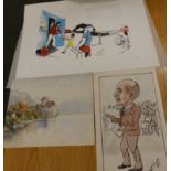 Four book illustrations by Pat M. Taylor, a caricature by M. Conway and other drawings and prints