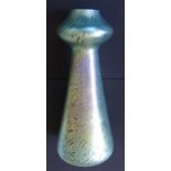 An art nouveau Rindskopf iridescent petrol green glass hyacinth vase, 14.5”