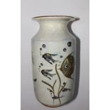 A modern Torquay studio pottery vase by Deirdre - 1997, decorated fish on a white ground