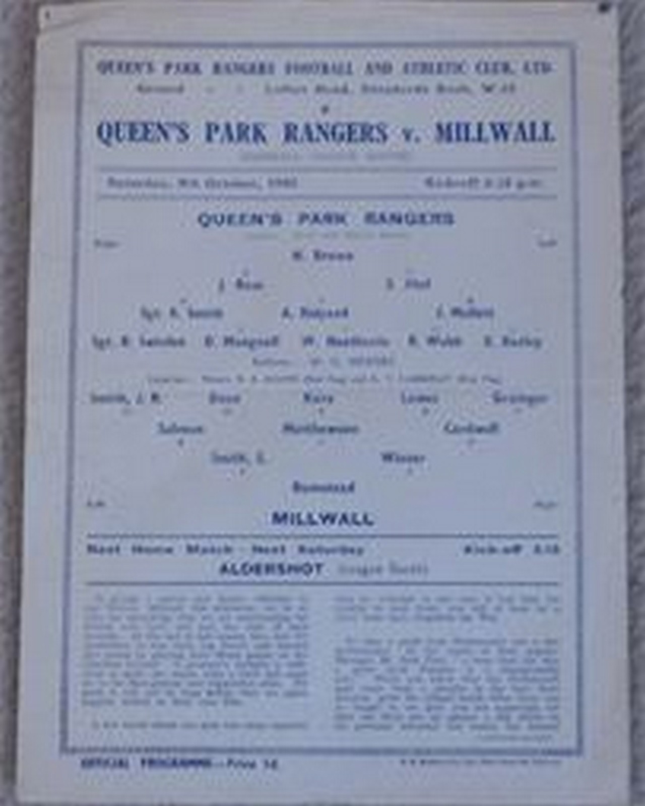 QPR V MILLWALL 1943/44 Rare s/s programme for this Football Lge South match Fair / Good