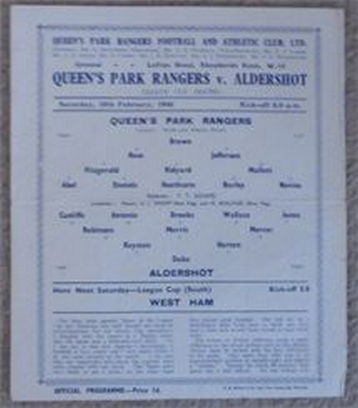 QPR V ALDERSHOT 1944/45 Rare s/s programme for this League Cup South match Fair / Good