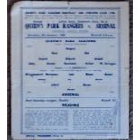 QPR V ARSENAL 1944/5 Rare s/s programme for this Football Lge South match Fair / Good