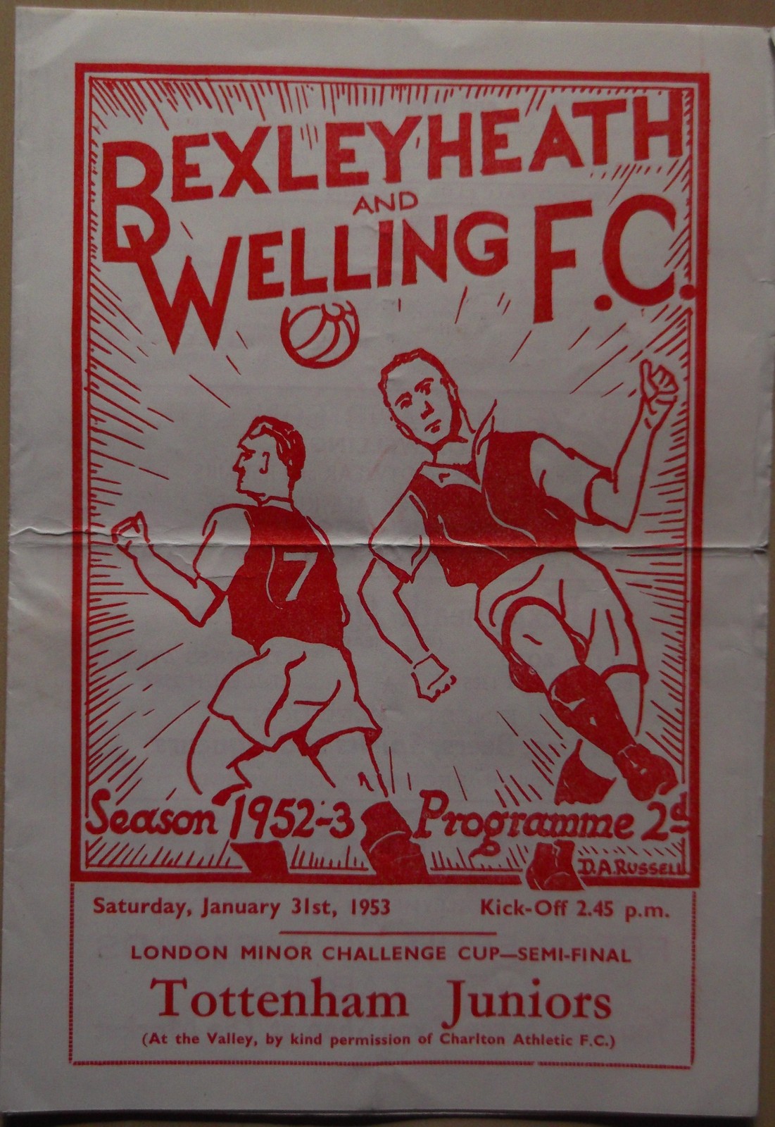 LONDON MINOR CHALLENGE CUP S/F 1952-53 BEXLEYHEATH V TOTTENHAM PLAYED AT CHARLTON Rare programme for