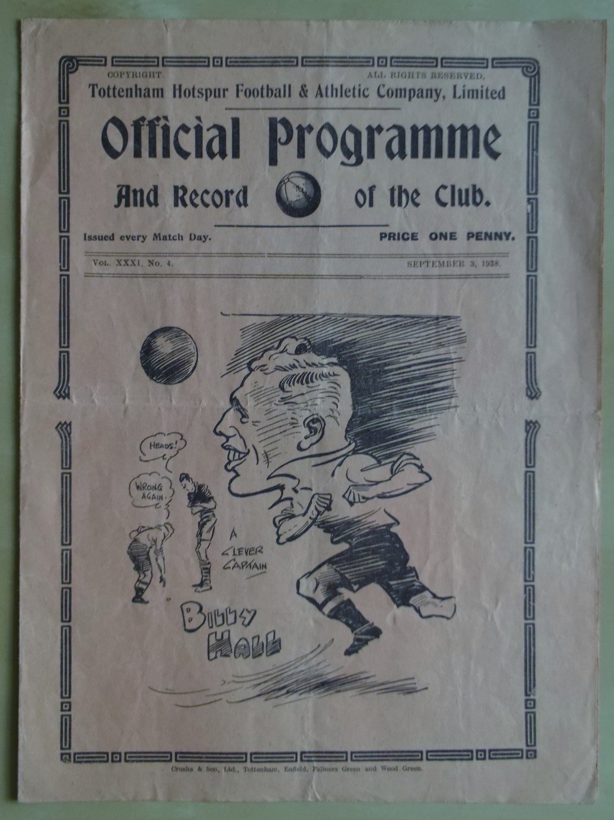 TOTTENHAM V COVENTRY CITY 1938-39 Rare four page Tottenham Pre War Programme for this 2nd Div