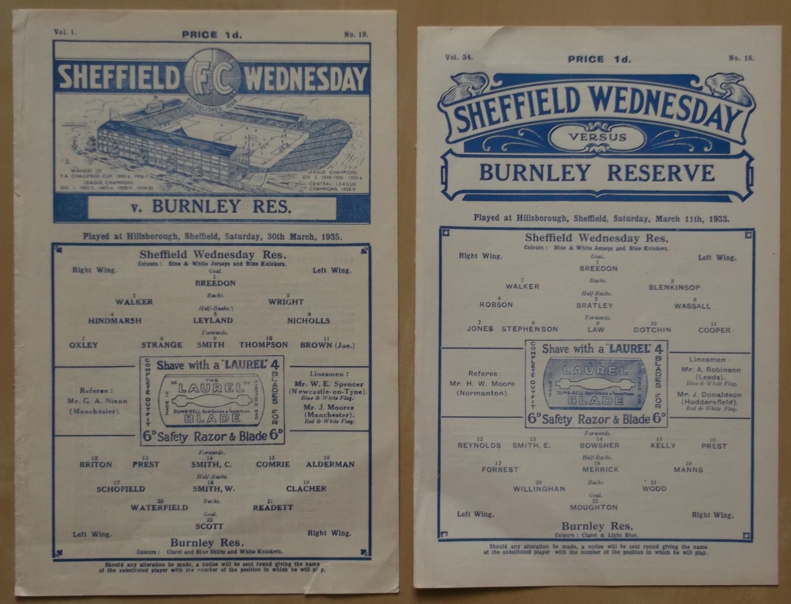 SHEFFIELD WEDNESDAY RESERVES V BURNLEY RESERVES x 2 PRE-WAR PROGRAMMES 1932-33 and 1934-35 both in