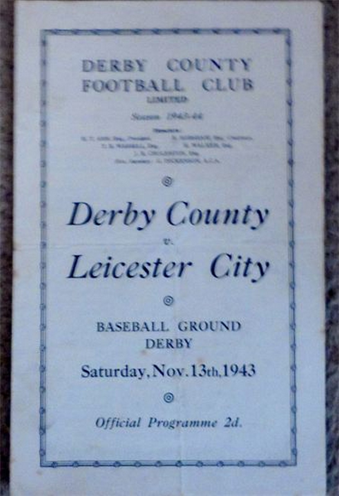 DERBY COUNTY V LEICESTER CITY 1943/44 Rare 4 page programme for this Football Lge North match slt