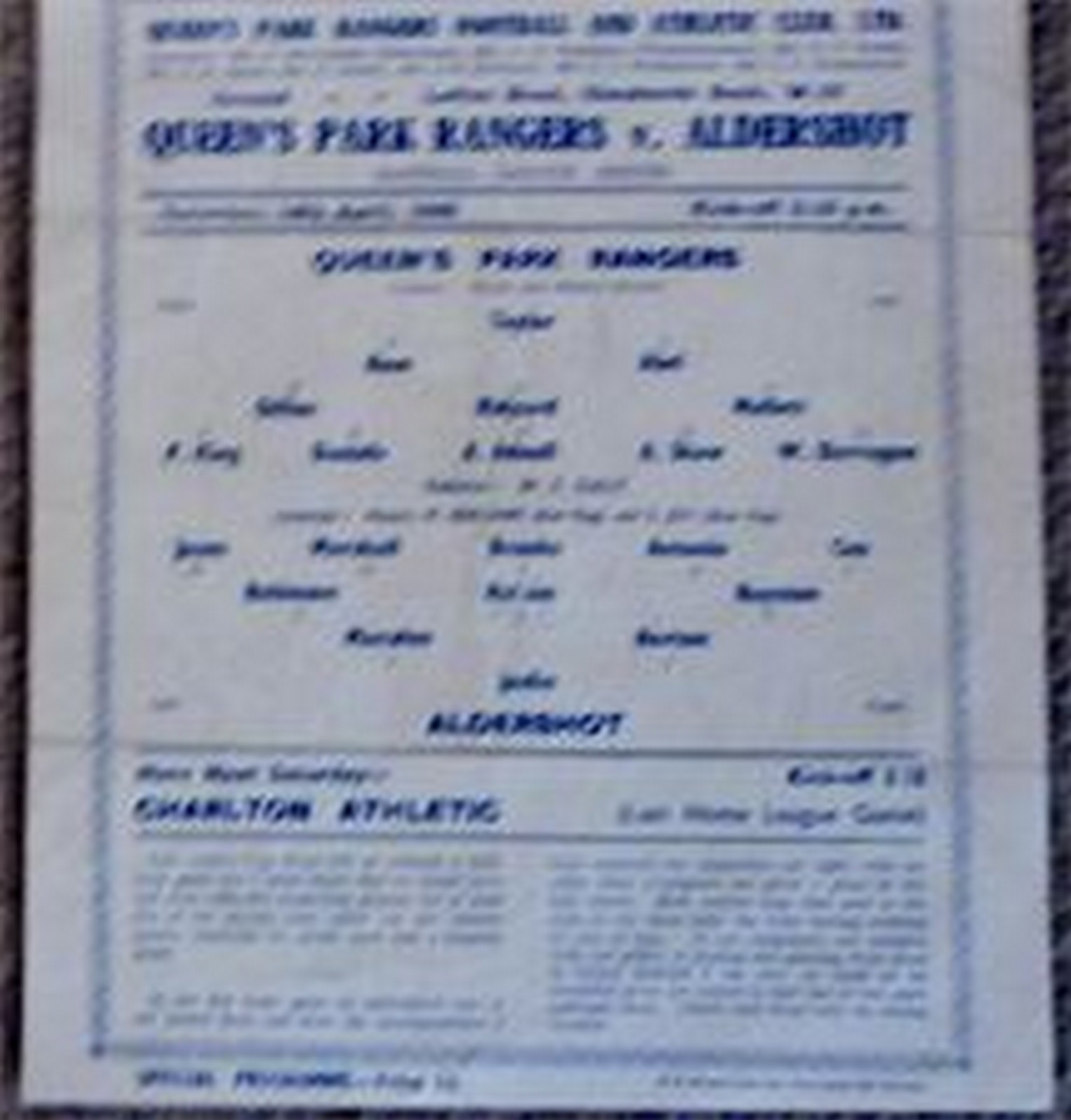 QPR V ALDERSHOT 1944/5 Rare s/s programme for this Football Lge South match Fair / Good