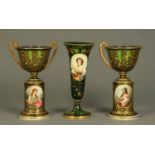 A garniture of three Bohemian green glass portrait vases.  Each height 14 ins.   CONDITION REPORT: