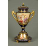 A large Vienna porcelain cabinet vase cover and stand, highlighted with gilding and decorated with