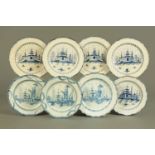 A collection of eight early 19th century blue and white plates, three decorated with an Oriental