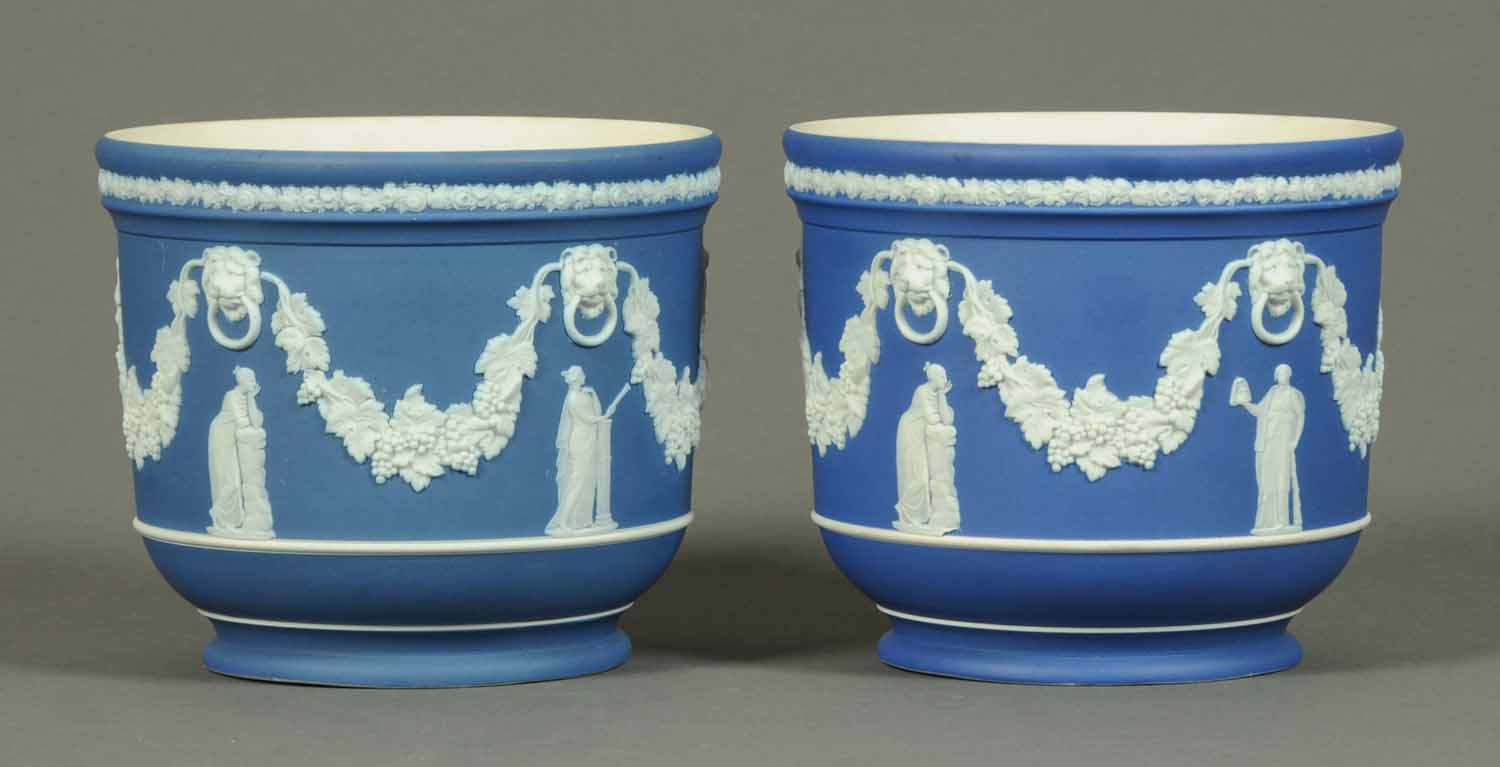 A pair of Wedgwood blue Jasperware jardinieres, decorated with classical figures and swags. - Image 3 of 8