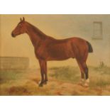 Lou Burk, oil painting on canvas, horse in yard.  11.5 ins x 15 ins, framed, signed and dated