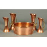 Two pairs of copper and brass jugs, each with loop handle, heights 8.
