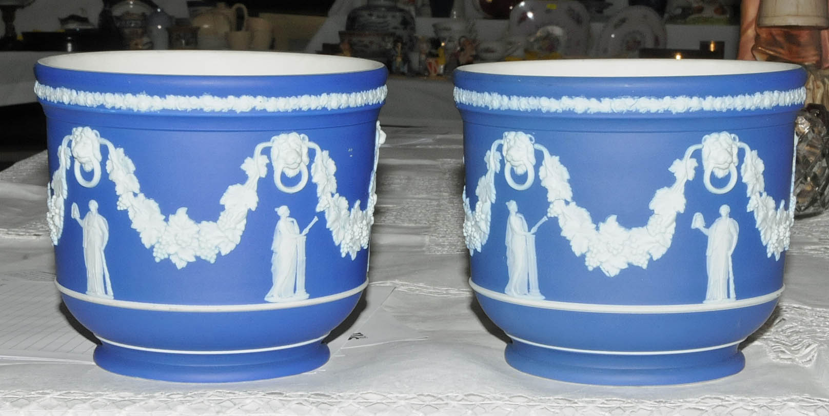 A pair of Wedgwood blue Jasperware jardinieres, decorated with classical figures and swags. - Image 6 of 8