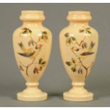 A pair of Edwardian glass vases, decorated with birds on branches.  Height 29 cm.