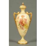 A Royal Worcester two handled lidded vase, painted with floral sprays, green printed mark,