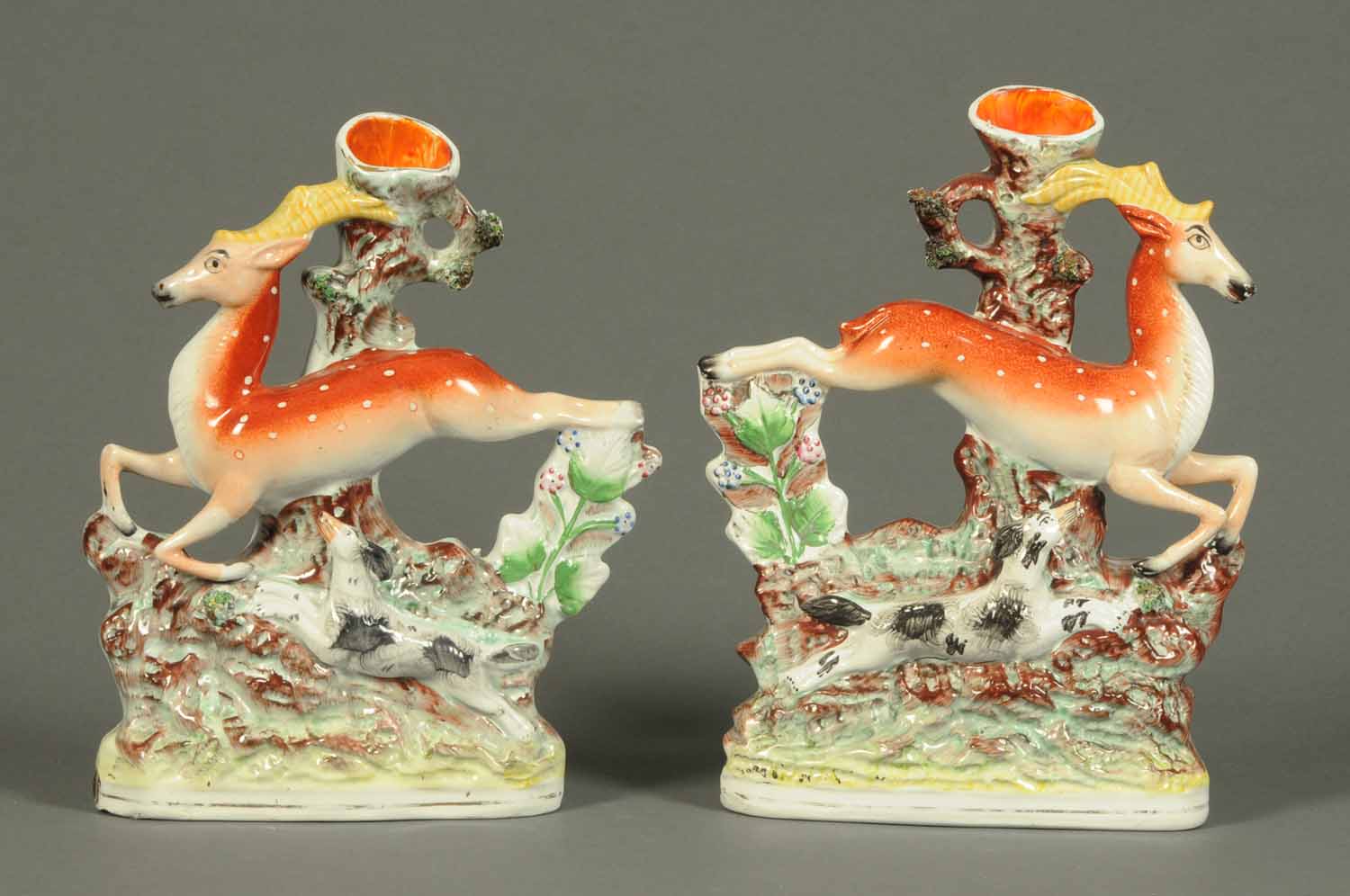 A pair of Victorian Staffordshire leaping gazelle spill holders.  Height 11 ins (see illustration). - Image 2 of 3