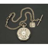 A Continental silver fob watch, half Hunter, with foliate engraved case,