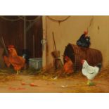 Mary Shaw (1958 -  ), oil painting on board, hens in barn.  4.75 ins x 6.5 ins (see illustration).