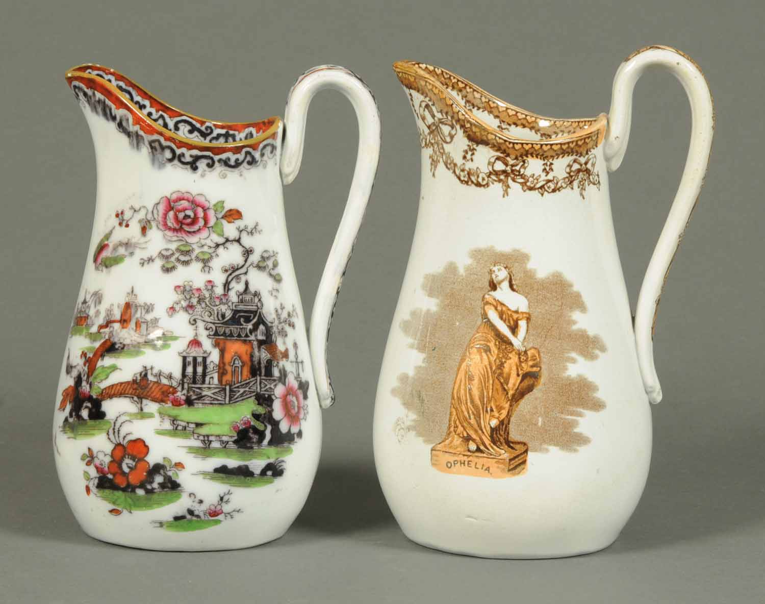 Two 19th century ware jugs, one printed with Ophelia the other with an Oriental scene. - Image 2 of 3