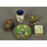 Five Cloisonne enamelled items, three boxes, pin tray and cylindrical vase.