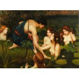 A late 20th century allegorical oil on canvas, after J.W. Waterhouse.  30 ins x 40 ins, framed.