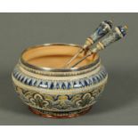 A Doulton Lambeth salad bowl, with silver rim, London 1880,