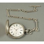 A silver cased Hunter pocket watch, with enamelled dial with Roman numerals,