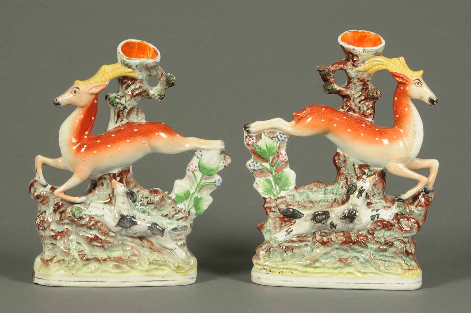 A pair of Victorian Staffordshire leaping gazelle spill holders.  Height 11 ins (see illustration). - Image 3 of 3