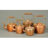 Five 19th century copper and brass kettles.