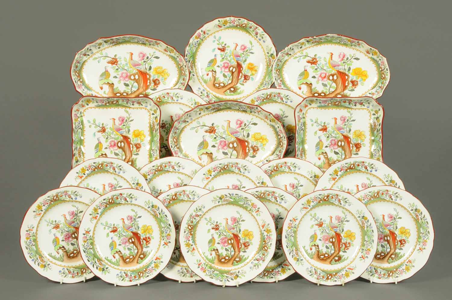 A Copelands late Spode tree and bird patterned dessert service, comprising fourteen 9 inch plates,