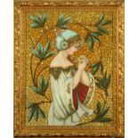 An Arts & Crafts oil painting and embroidery, profile female figure holding a daisy.  31 ins x 24