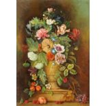 A late 19th century oil painting on board, still life, flowers in vase.