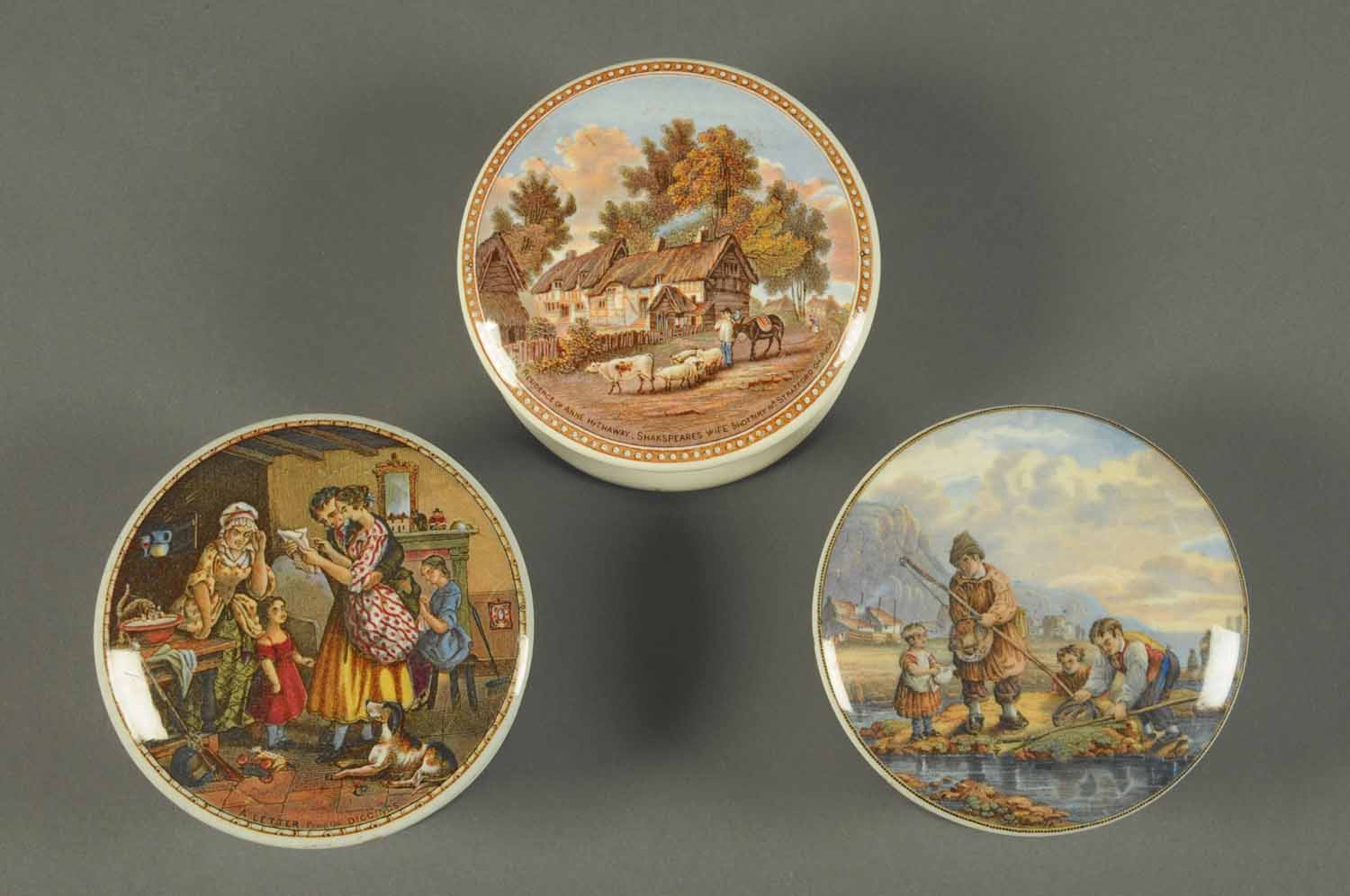 Three 19th century pot lids, each with base, Anne Hathway's residence, a letter and another.  Each - Image 3 of 3