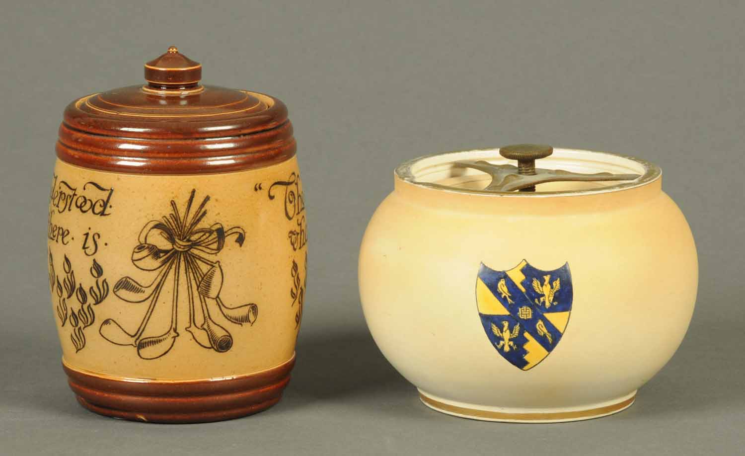 A Carltonware tobacco jar, with crest, and a Doulton Lambeth lidded tobacco jar.