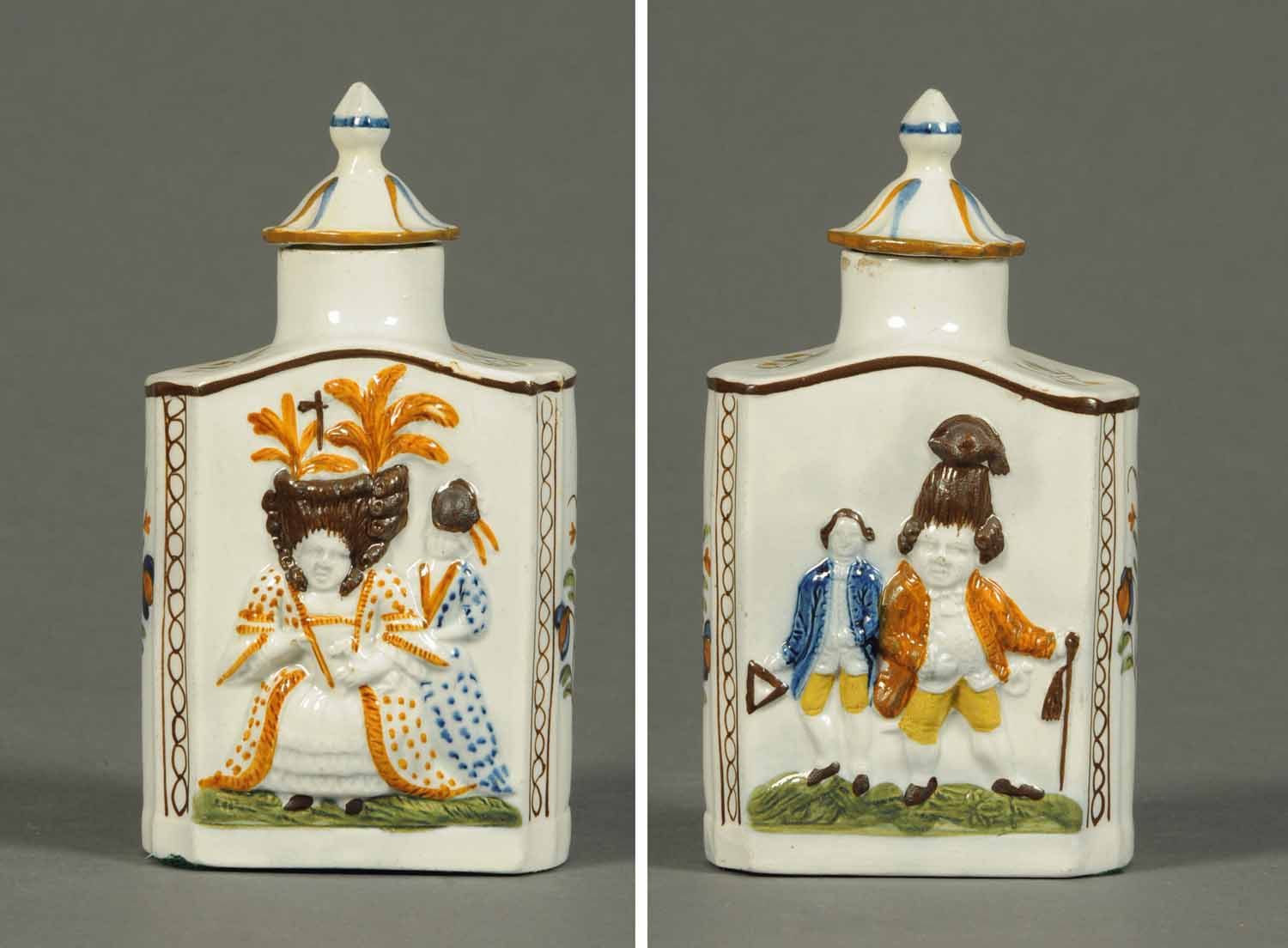 George III Prattware tea caddy, decorated in relief with "Macaroni" figures, circa 1790 and