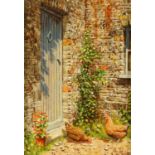 Edward Hersey (British 1948-  ), oil painting, hens by cottage door.  6.5 ins x 4.5 ins (see