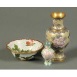 Three pieces of Cloisonne, vase height 6 ins, bowl diameter 5 ins and small vase height 3 ins.