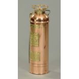 A brass and copper fire extinguisher, bearing plaque "Vulcan, Tested to 350 lbs".