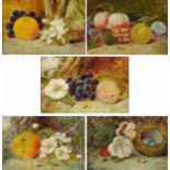 Five 19th century oil paintings, each a still life of fruit and/or flowers.  5.75 ins x 8.