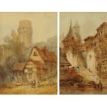 Two 19th century watercolours, canal scene and buildings with castle.  15.5 ins x 9 ins and 13.